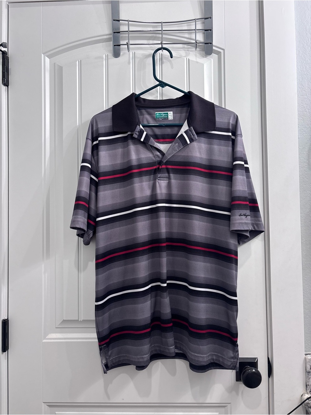 Hogan Men's Gray Striped Polo with Black and Red Accents
